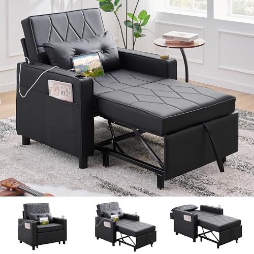 TYBOATLE Leather Convertible Sleeper Chair Bed for Adults, 3-in-1 Pull Out Sofa Chair Bed with USB/Type-C Ports, Cup Holders, Side Pockets, Single Sofa for Living Room, Bedroom, Office (Black)