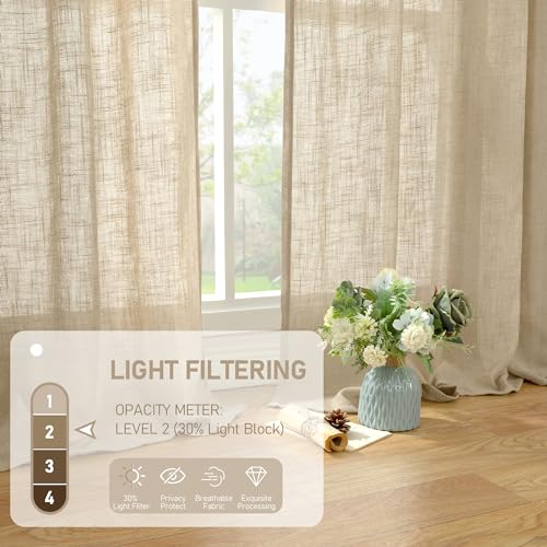 LAMIT 63 Inch Sheer Linen Window Curtains, Light Filtering Panels Back Tab and Rod Pocket Neutral Drapes for Bedroom/Living Room, Brown, 2 Panels, 34 x 63 Inch