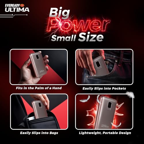 Image of Eveready Ultima Power Bank PB 20, 10,000mAh, 22.5W Fast Charging, Dual Output, USB-C & USB-A, Overcharging Protection, Compatible with iPhone, Android & Qi Devices, Includes Cable & Warranty, Black