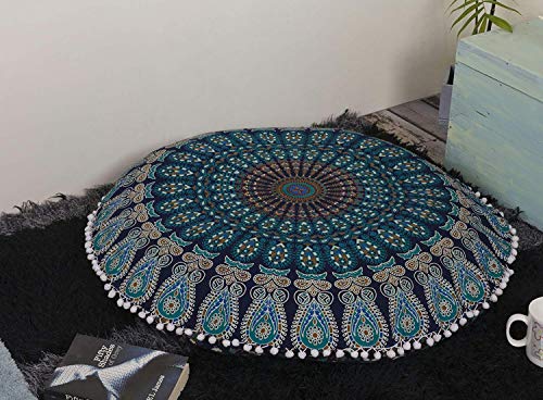Popular Handicrafts Large Hippie Mandala Floor Pillow Cover - Cushion Cover - Pouf Cover Round Bohemian Yoga Decor Floor Cushion Case- 24" Blue Tarquoise