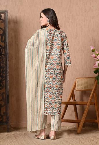 Image of Amazon Brand - Tavasya Women Cotton Anarkali Kurta Pant Dupatta Set | Printed Ethnic Suit Set | Flared Anarkali Kurta with Pant & Dupatta | Festive & Casual Wear