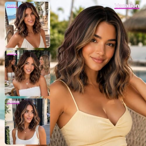 Image of Eawwii Wigs for Women Brown Caramel Highlight,Short Wavy Synthetic Lace Wig