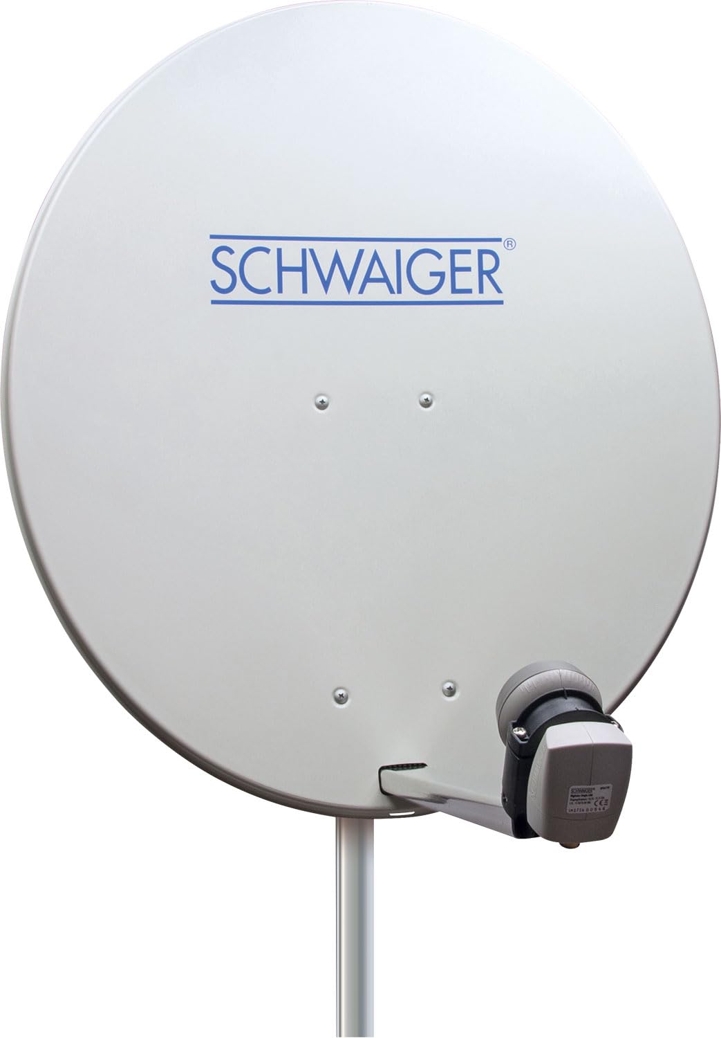 Antena para televisión digital vía satélite Schwaiger 714166 (75 x 85 cm) con brazo de carga LNB y mástil, antracita, espejo de acero – para recepción de DVB-S/S2 en Full HD, 3D y 4K (Ultra HD)