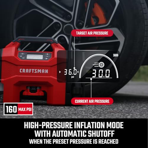 CRAFTSMAN Inflator/Vacuum/Blower 3-IN-1,Tire Inflator Portable Air Compressor with LED Light,Quiet Car Vacuum or Blower, 160 PSI for Car RV Truck,12V DC Corded and 20V DC Cordless,Tool Only by CRAFTSMAN - Used condition - Image 7