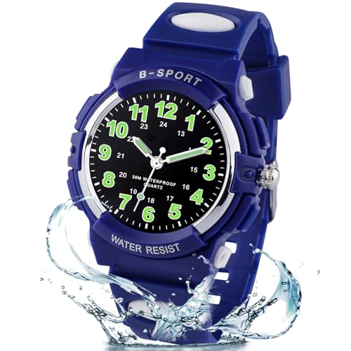 GUUMUXIN Orologio Analogico Bambini, 30m Resistenza Acqua, Orologio Apprendimento Tempo, Cinturino TPU Morbido, Orologio Sportivo Cronografo, Adatto Bambini 4-12 Anni (Blu indaco)