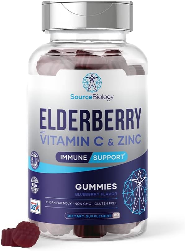 Source Biology Elderberry Gummies - Immune Support Formula - 4,500 Mg Elderberry per Serving - Vegan Friendly Gummies - with Vitamin C and Zinc