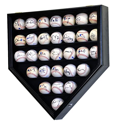 30 Baseball Ball Display Case Cabinet Holder Rack Home Plate Shaped w/98% UV Protection- Lockable -Black