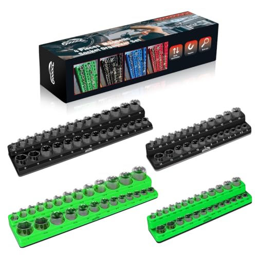 Image of GOOACC 4 PCS Magnetic Socket Organizer, Heavy Duty Socket Organizer Tray 1 /4 inch 3 /8 inch SAE Metric Drive Sockets Holds 108, Magnetic Socket Holder for Tool Box Drawer Chest Garage Storage, Black & Green