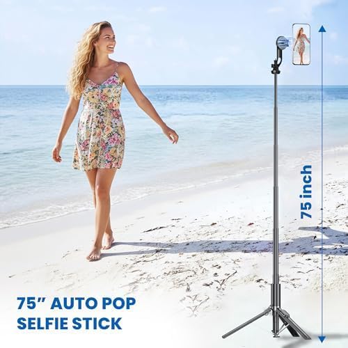 Image of Kratos Permium 1.9 M / 75 Inch Auto Pop Up Aluminum Tripod, Magnetic Selfie Stick with 360 Rotation &1 /4 inch Screw for Camera,Long Tripod Stand for Premium iPhone User for Photos & Videos