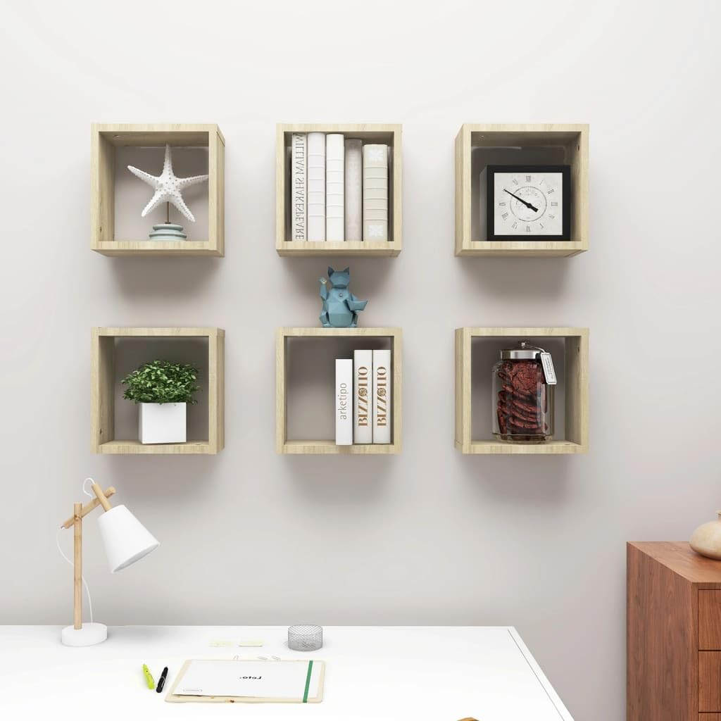 Scaffalature, mensole da parete e sporgenze, mensole cubiche da parete, 6 pezzi, rovere Sonoma, 30 x 15 x 30 cm