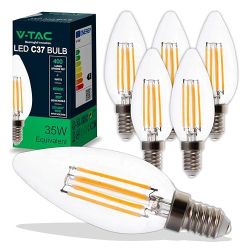 V-TAC 6x Lampadine LED Filamento Candela con Attacco E14-4W (Equivalenti a 35W) - 400 Lumen - Lampadina LED Massima Efficienza e Risparmio Energetico - 6500K Luce Fredda