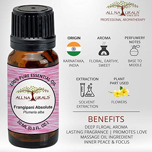 Image of ALL NATURALS Frangipani Absolute Essential Oil 100% Pure for Aromatherapy, Natural Perfumes, Massage, Diffusers(10ml)