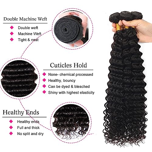 Deep Wave Bundles Human Hair 26 28 30 Inch Double Weft Weave Deep Wave 3 Bundles 100% Unprocessed Brazilian Virgin Remy Hair Deep Curly Bundles Human Hair Natural Color For Black Women #TOP1