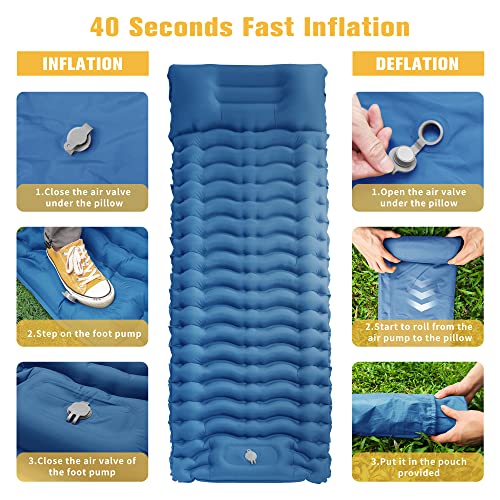 Sturme Sleeping Pad For Camping, 3.9 Inch Extra-Thick Self-Inflating Camping Mattress With Foot Pump, Compact Air Mattress Ultralight Sleeping Mat With Pillow For Backpacking, Hiking, Outdoor -Blue #TOP7