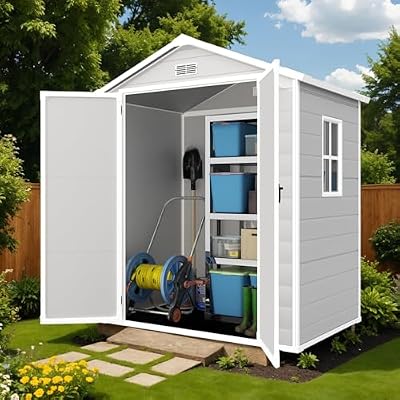 Outdoor Resin Storage Shed with Reinforced Floor, All Weather-Resistant, Plastic Shed for Storing Gardening Tools, Bicycles,Patio Furniture or Lawn Mower, Secure Door Lock (6 * 4.4 FT)