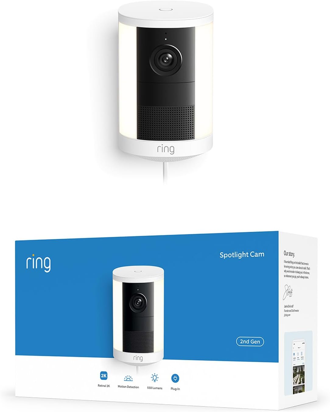 Ring Spotlight Cam 2K, Caméra Spotlight, sur secteur (nouvelle génération), Vidéo Retinal - Analyse des détails et conception