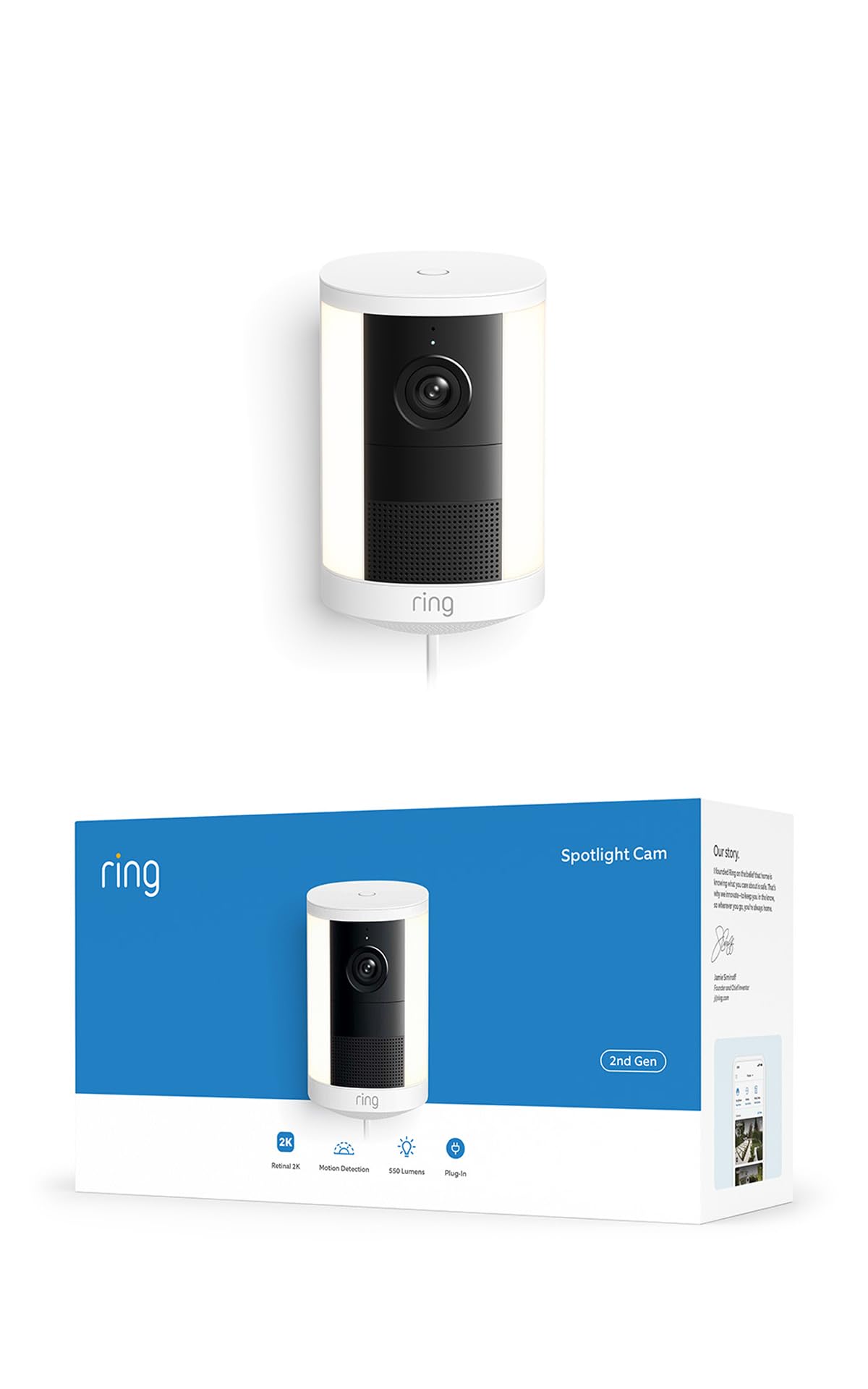 Ring Spotlight Cam 2K, Videocamera con faretti, plug-in (ultimo modello), video Retinal 2K, zoom 6x, faretti attivati dal movimento, prova gratuita di 30 giorni del piano di abbonamento Ring