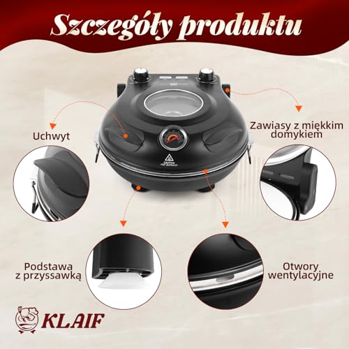 KLAIF Piec elektryczny do pizzy do blatu roboczego z kamieniem ceramicznym 31 cm, dwiema regulowanymi regulatorami temperatury, w zestawie 4 narzędzia do pizzy, LMC-czarny