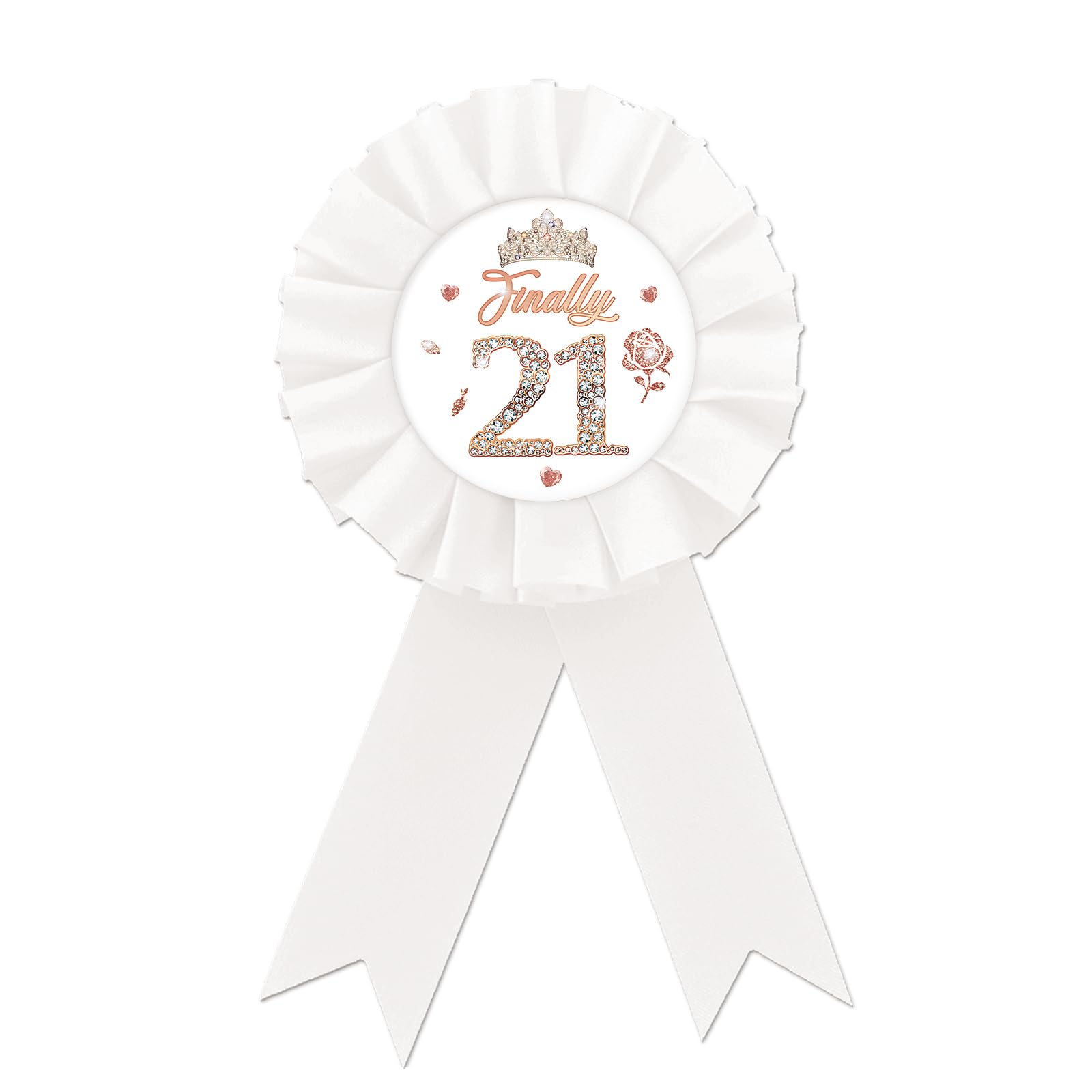 Finally 21 Tinplate Badge, Happy 21st Birthday Button, Rose Gold Crown Badge Pin for Women, Diamond Brooch Buttons for Twenty One Birthday Party