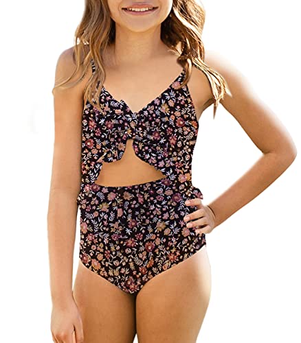 Image of Saodimallsu Girls One Piece Cutout Ruffle Swimsuits Kids Floral High Waisted Tie Front Bathing Suits