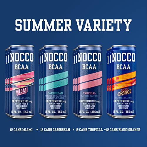 Nocco Bcaa Energy Drink Summer Variety Pack - 12 Count (Pack Of 48) - 180Mg Caffeine, Sugar Free Energy Drinks - Carbonated, Low Calorie, Bcaas, Vitamin B6, B12, & Biotin - Grab & Go Performance Drink #TOP1