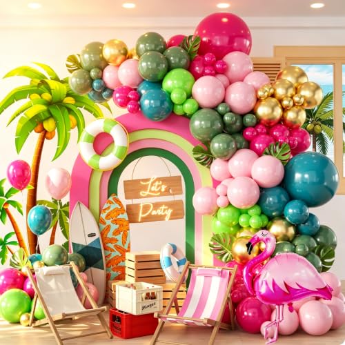 Image of 146Pcs Tropical Flamingo Balloon Arch Garland Kit, Hot Pink Dark Green Light Pink Lake Blue Gold with Flamingo Foil Balloons for Hawaiian Luau Aloha Summer Beach Birthday Party Decorations