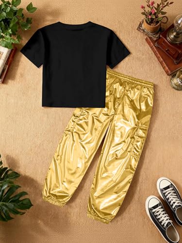 Image of Betusline Girls 2 Piece Summer Outfits,Black Print Cute Short Sleeve Crop Tops + Gold Cargo Jogger Pants Clothes,4-5T = Tag 120