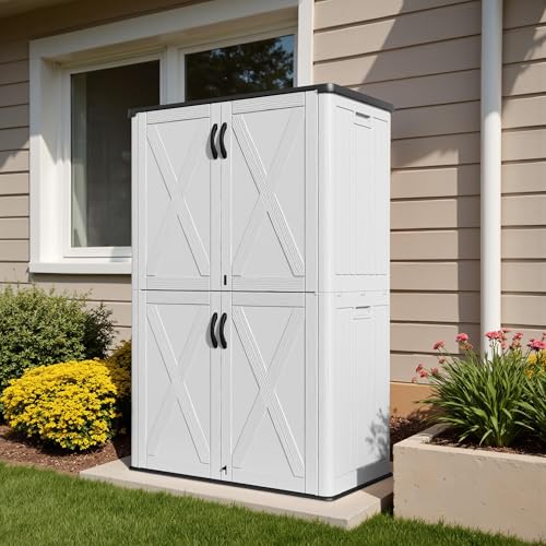 Image of Devoko 50 Cu Ft Plastic Outdoor Storage Cabinet, White | Vertical Resin Storage Shed with Lockable Door, Waterproof Shed for Patio Furniture Pool Toy, Garden Tool, Shelf Not Included