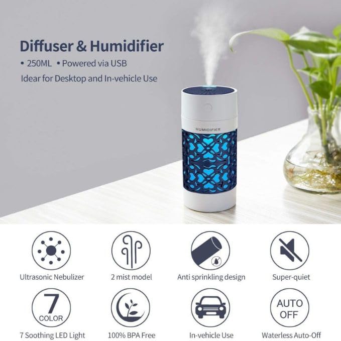 Humidificador y Difusor aromático eléctrico con luz ambiental miniatura 3