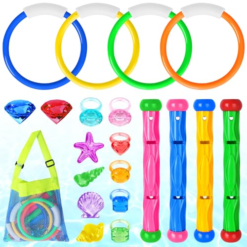 Feivando 20 Pcs Pool Diving Swimming Toys for Kids Diving Rings Sticks Gems Underwater Training Sinking Toys with Storage Bag for Summer Water Games Party Favors