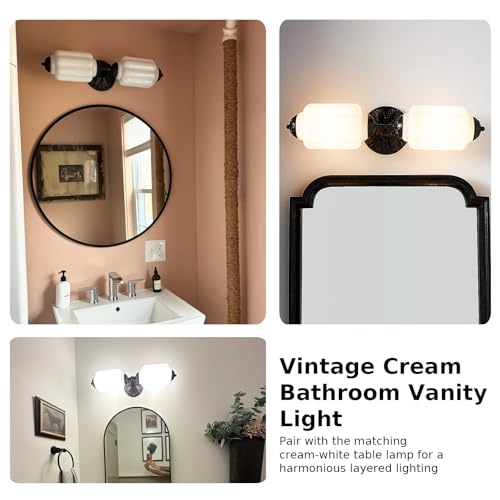 Image of Vintage Milk Glass Bathroom Vanity Light - 2-Light Wall Sconce with Brass Finish Base & Green Glass Shade - Wall Sconce Lighting for Mirror, Kitchen, Living Room, Gallery (Bulbs Included) (white)