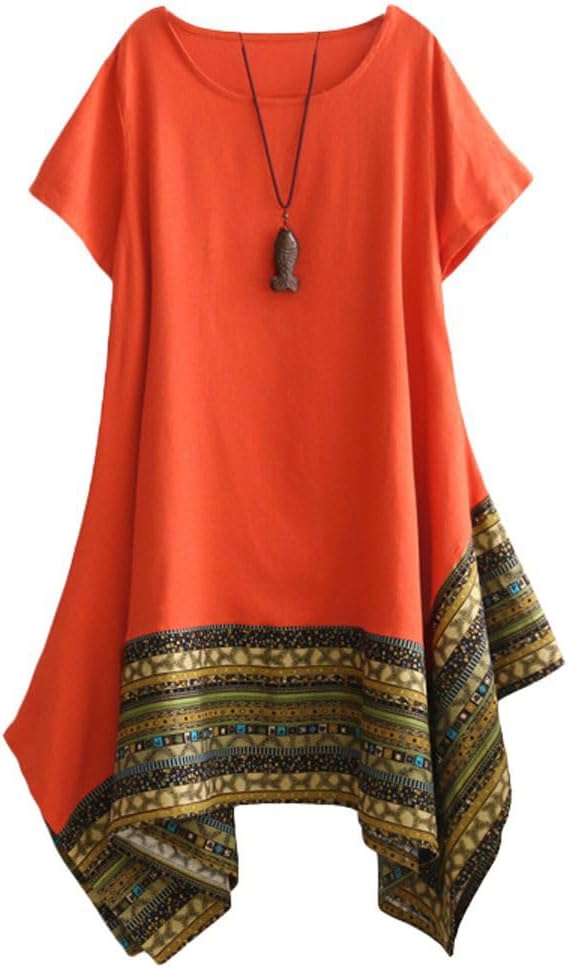 Minibee Women's Ethnic Cotton Linen Short/Long Sleeves Irregular Dress