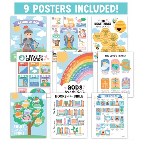 Image of Hadley Designs Sunday School Decorations for Classroom -9 Bible Posters for Kids, Books of the Bible, 10 Commandments, Bible Timeline Chart, Fruits of the Spirit, Pastel Christian Classroom Decor