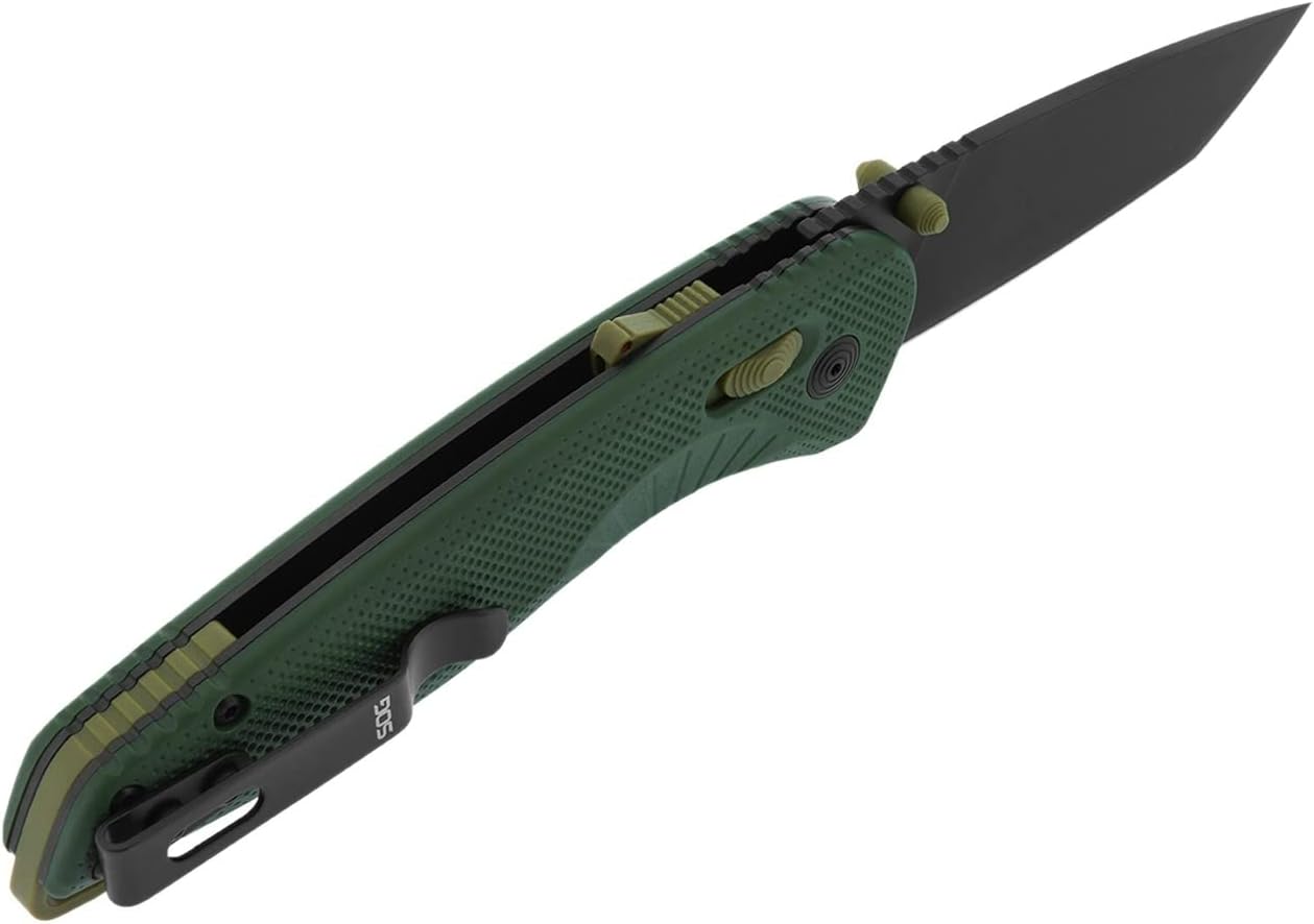SOG Aegis at Tanto Outdoor Pocket Folding Opening Knife, Ambidextrous at-XR Lock with Ergonomic Handle, D2 Steel Blade, Built-in Blade Locking Safety and Spine-Mounted Safety System, Forest & Moss