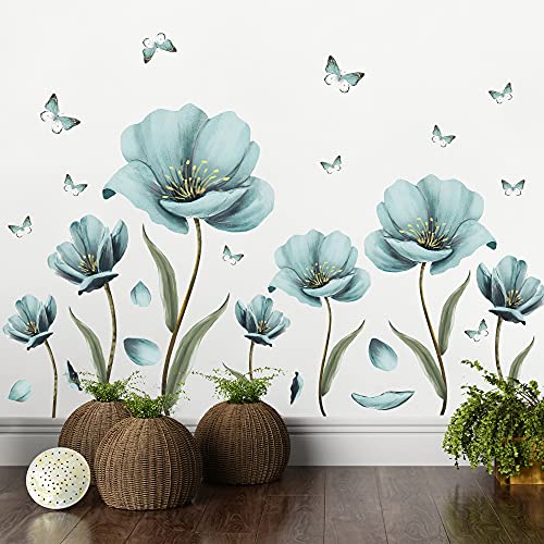 8 Sheets Creative Blue Flowers Wall Decal DIY Removable Painted Butterflies Wall Sticker Romantic Painting Art Mural Vinyl Peel and Stick for Home Living Room Bedroom Office Bathroom Wall Decoration