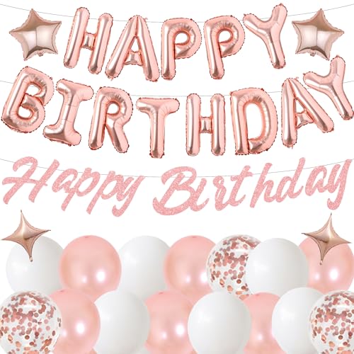 Happy Birthday Banner Balloons Decorations - Rose Gold Happy Birt...