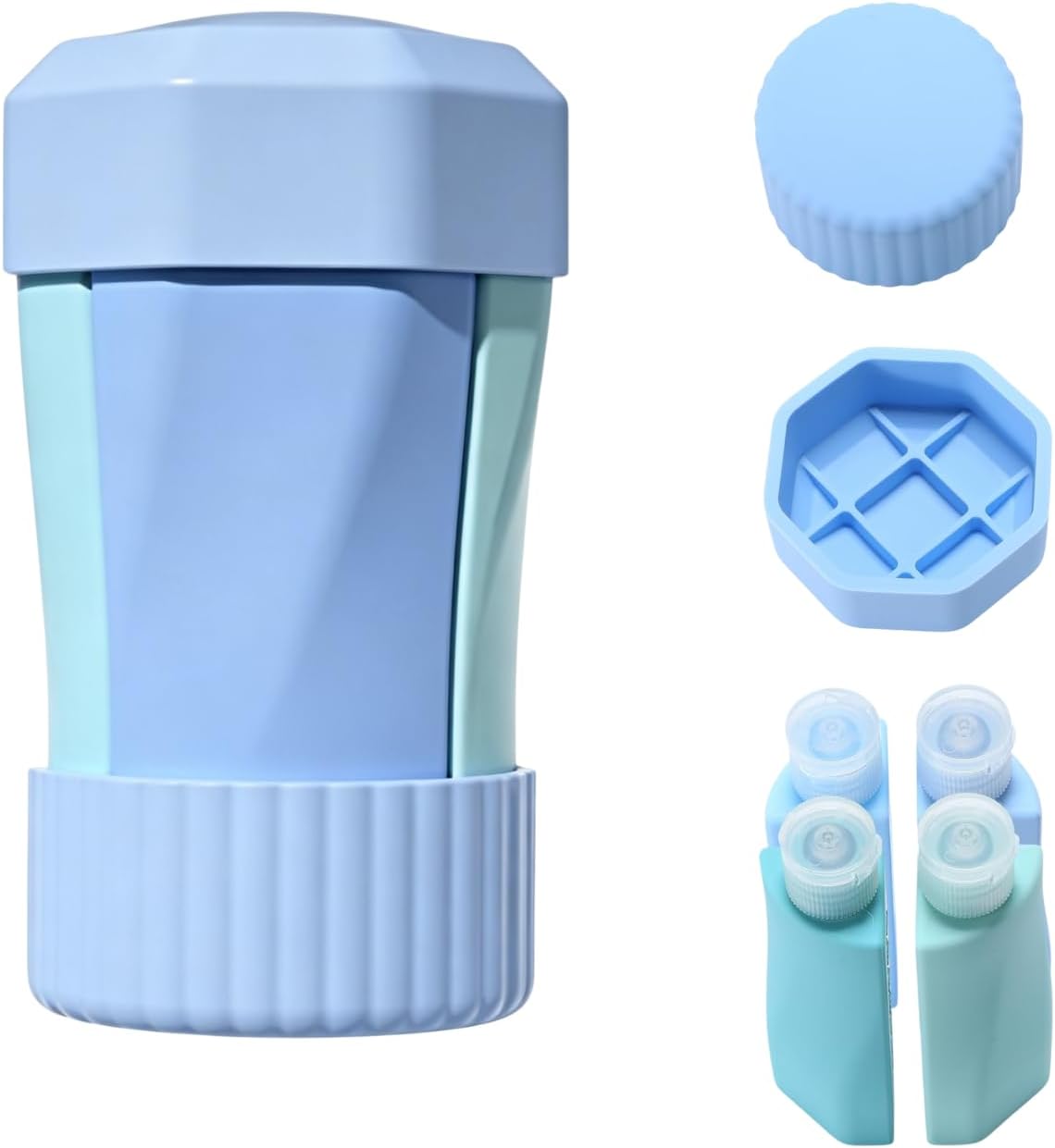 4 in 1 Silicone Travel Bottles, Leak-Proof Refillable Containers for Toiletries, Portable Dispenser Tubs for Shampoo Conditioner Lotion (Blue)