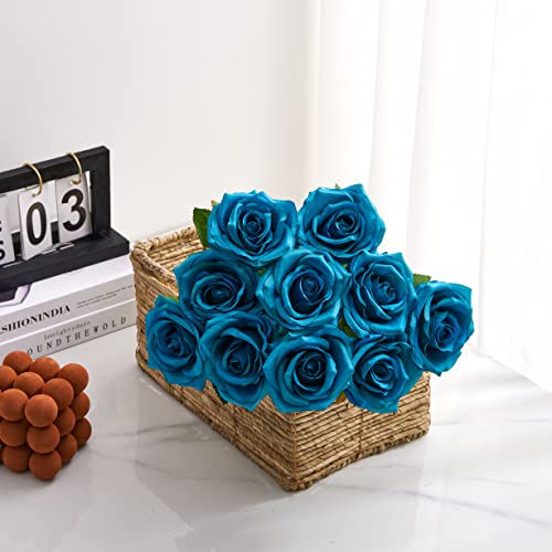 Iuknot Teal Artificial Rose 10Pcs Open Flower Bouquet Faux Rose Stems Turquoise Blue Roses For Wedding Arrangement, Bridal Bouquet, Centerpiece, Fake Faux Silk Flowers #TOP2
