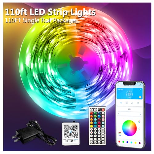 Image of DAYBETTER LED Strip Lights 110ft1Roll RGB Music Sync Smart App Control | Indoor color changing decor for bedroom, kitchen, party. 44-key IR remote, timer, cuttable, flexible, strong adhesive