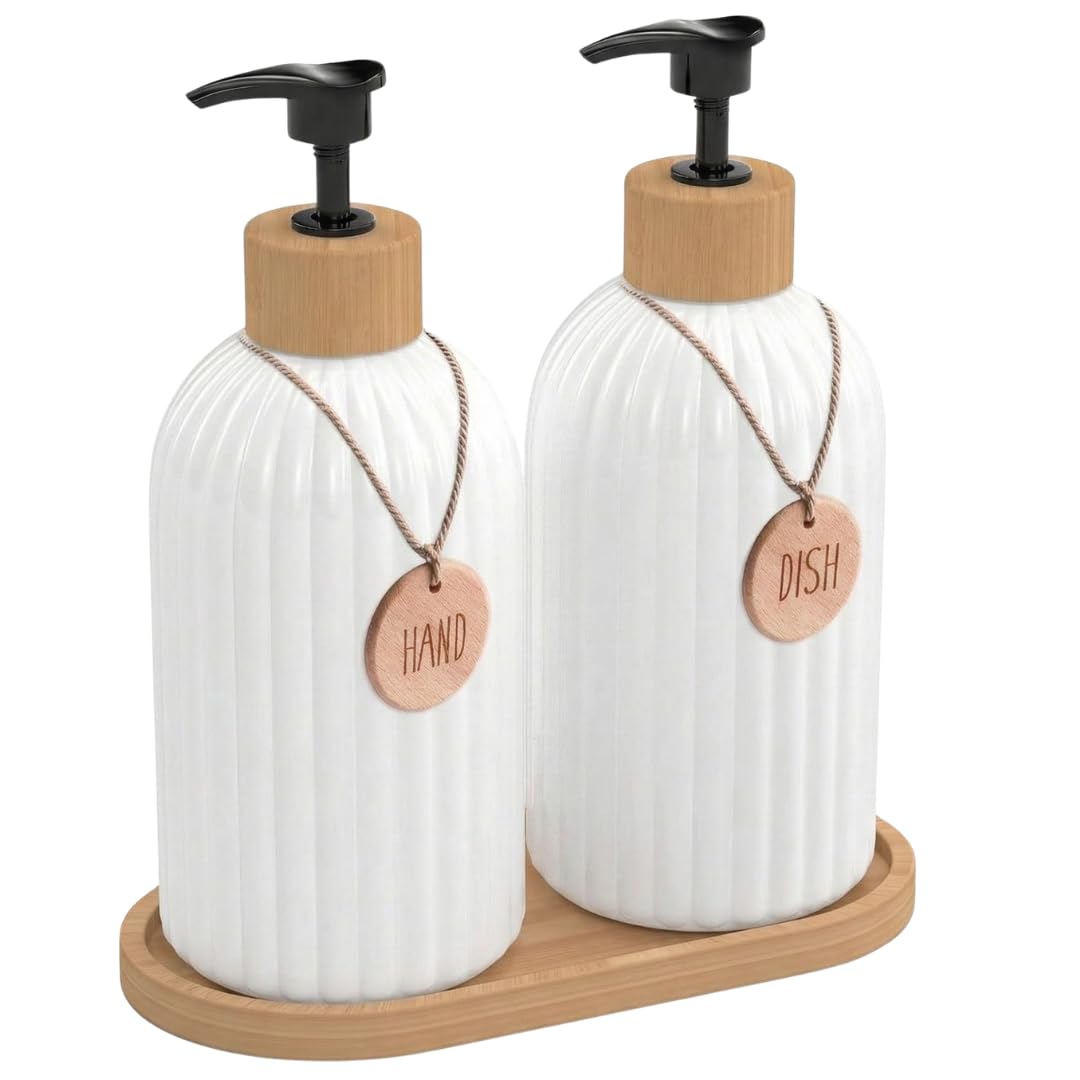 Dosificador Jabon Cocina y Dispensador Jabon Baño - Set de 2 Botes para Platos y Manos - Dispensador Jabon Cocina con Bandeja de bambú y 2 Colgantes de bambú de 500ML, Dispensador jabon Cocina Blanco
