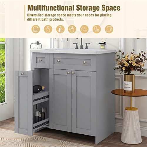 30" Bathroom Vanity With Single Sink, Combo Cabinet Undermount Sink, Solid Wood Frame Bathroom Storage Cabinet, Gray #TOP6