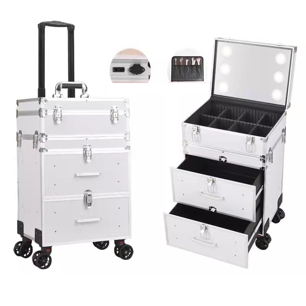 GRRICEPL Reisender Trolley Kasten Mit LED-Licht, Rollend Schminke Zug-Koffer, Beauty Storage Case, Mit Schubladen Einziehbarer Griff,. 360°Universal Räder (Farbe : Silver-A, Größe : 37x27x67cm)