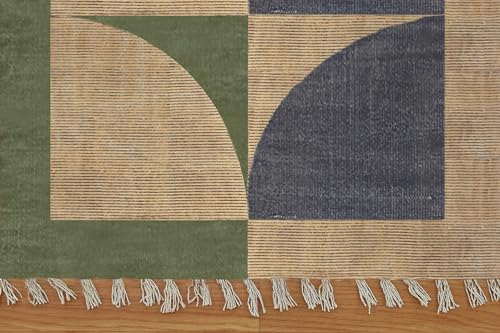 Tapis carré en coton Dhurrie lavable de style Kilim marron et bleu haute résistance