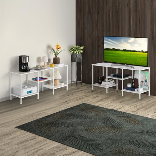 Image of White TV Stand Bedroom with Power Outlets, Small Entertainment Center Stand with Open Storage Shelves for TVs up to 50 Inch, Wood TV Media Console Table with for Living Room, Bedroom