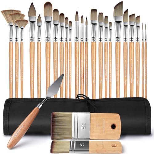 Image of Fuumuui 26pcs Paint Brushes, Professional Acrylic Paint Brush Set Artists Complete Range of Sizes with Upgraded Short Handle Wide Flat & Palette Knife for Acrylic, Oil, Watercolor, Gouache