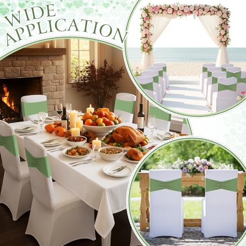 Moukeren 24 Pcs Folding Chair Cover Set with 12 White Spandex Stretch Slipcovers 12 Bows Chair Sashes Washable Chairs Protectors for Wedding Party Banquet Anniversary Events Dining Decor (Sage Green)