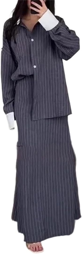 Women's Two Piece Set Single Breasted Long Sleeve Shirt Hip Wrapping Striped Skirt Office Outfit for Work Wear