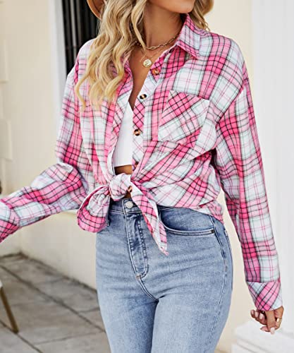 Image of CHYRII Womens Button Down Flannel Shirts Long Sleeve Plaid Shackets Business Casual Blouse Top