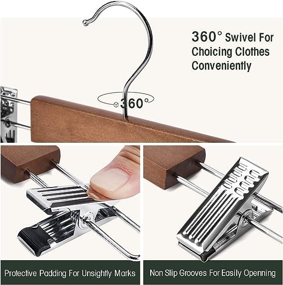 Image of Wooden Hangers for Clothes Hanging | 360 Swivel Hook with 2-Adjustable Clip Hangers for Pants, Skirts, Sarees | Wooden Trousers Bottom Hangers for Wardrobe (40, Walnut)