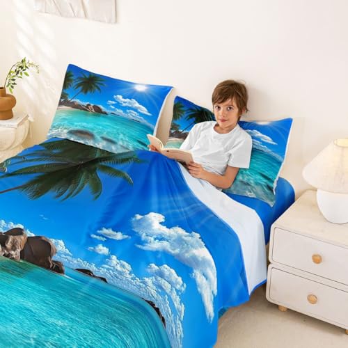 Image of jejeloiu Ocean Beach Bed Sheets Sets Full Size Kids Boys Girls Blue Sky Sea Bedding Set Tropical Palm Trees Bed Sheet Set with 16-Inch Deep Pockets 4Pcs with 2 Pillow Cases